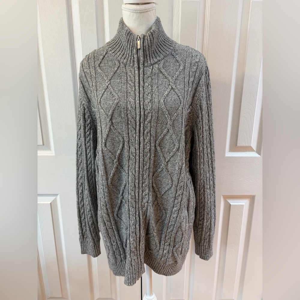 Lands End Gray Heather Marled Cable Zip Cardigan Size 1X